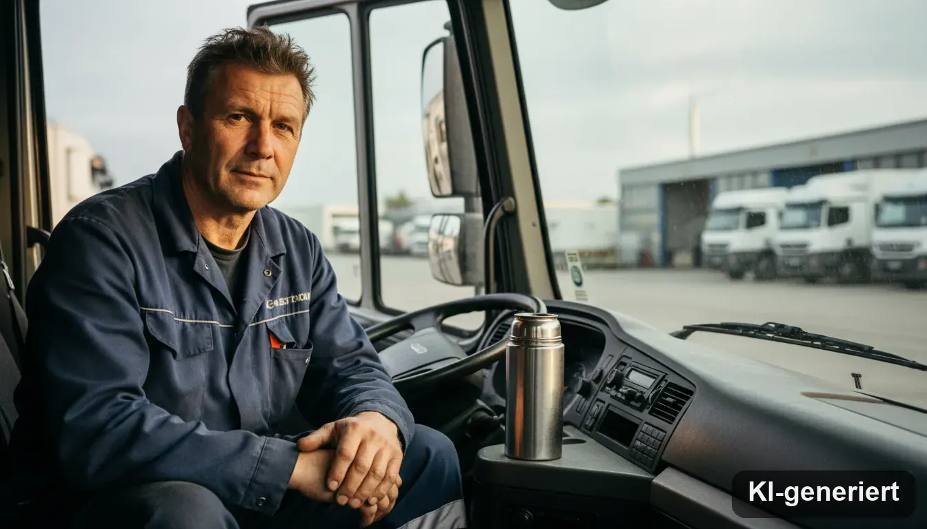 LKW-Fahrer im Cockpit eines Mercedes Actros bei einer Spedition