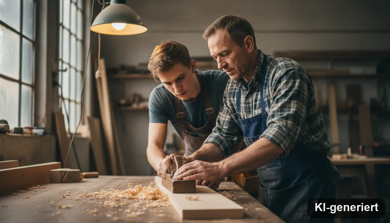 Tischlermeister zeigt Lehrling das Hobeln eines Holzbretts