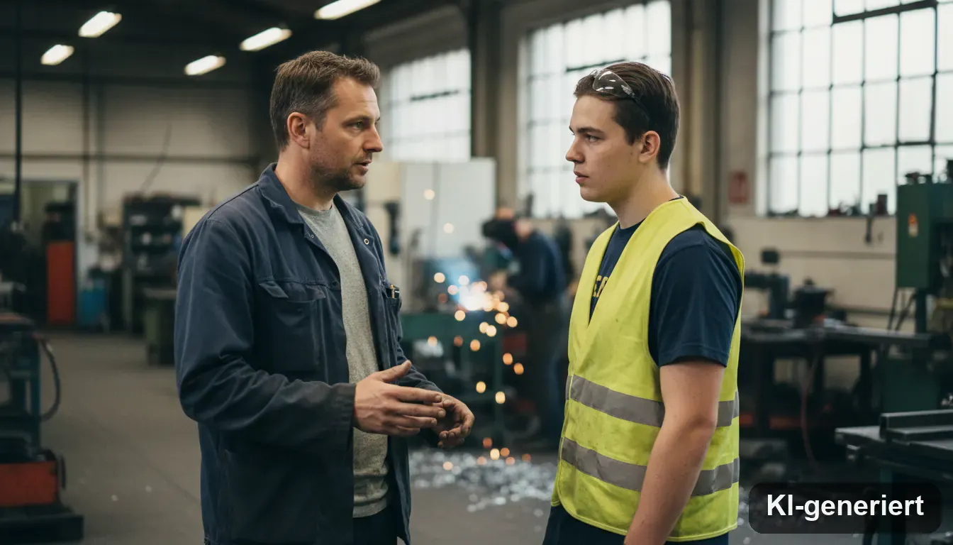 KMU-Inhaber im Gespräch mit jungem Lehrling in einer Metallwerkstatt