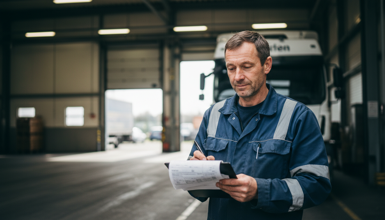 LKW-Fahrer mit Lieferschein an einer Verladerampe