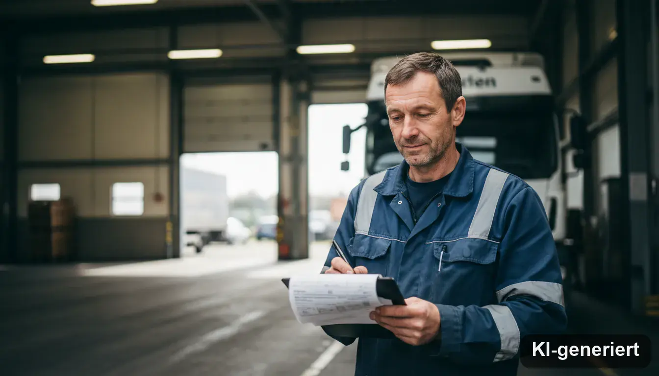 LKW-Fahrer mit Lieferschein an einer Verladerampe
